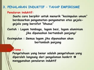 3. PENALARAN INDUKTIF – TAHAP EMPIRISME
Penalaran induktif:
Suatu cara berpikir untuk menarik “kesimpulan umum”
berdasarkan pengamatan-pengamatan atas gejala-
gejala yang bersifat “khusus”
Contoh : Logam tembaga, logam besi, logam aluminium
jika dipanaskan bertambah panjang/
Kesimpulan : Semua logam jika dipanaskan akan
bertambah panjang
Empirisme :
Pengetahuan yang benar adalah pengetahuan yang
diperoleh langsung dari pengalaman konkrit 
menggunakan penalaran induktif
 