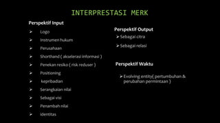 INTERPRESTASI MERK
Perspektif Input
 Logo
 Instrumen hukum
 Perusahaan
 Shorthand ( akselerasi informasi )
 Penekan resiko ( risk reduser )
 Positioning
 kepribadian
 Serangkaian nilai
 Sebagai visi
 Penambah nilai
 identitas
Perspektif Waktu
Sebagai citra
Sebagai relasi
Perspektif Output
Evolving entity( pertumbuhan &
perubahan permintaan )
 