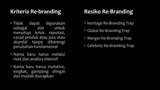 Kriteria Re-branding
• Tidak dapat digunakan
sebagai alat untuk
menutupi krisis reputasi,
cacad produk atau jasa atau
skandal tanpa dibarengi
perubahan fundamental
• Nama baru harus melalui
riset dan analisis intensif
• Nama baru harus inofative,
singkat, gampang diingat
dan mudah diucapkan
Resiko Re-Branding
• Heritage Re-Branding Trap
• Global Re-Branding Trap
• Merger Re-Branding Trap
• Celebrity Re-Branding Trap
 