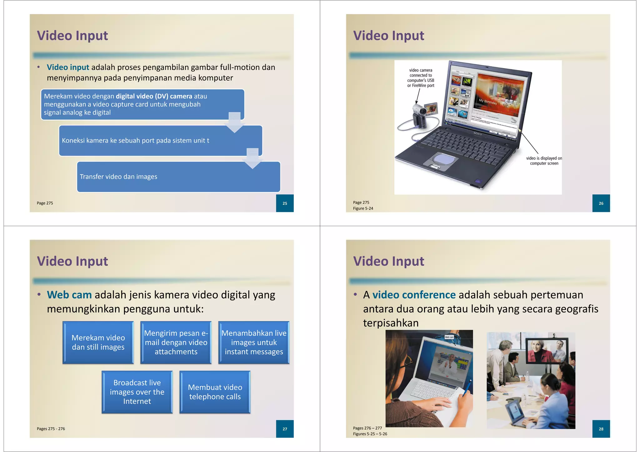 Video Input
• Video input adalah proses pengambilan gambar full-motion dan
menyimpannya pada penyimpanan media komputer
Merekam video dengan digital video (DV) camera atau
menggunakan a video capture card untuk mengubah
signal analog ke digital
25Page 275
signal analog ke digital
Koneksi kamera ke sebuah port pada sistem unit t
Transfer video dan images
Video Input
26Page 275
Figure 5-24
Video Input
• Web cam adalah jenis kamera video digital yang
memungkinkan pengguna untuk:
Merekam video
Mengirim pesan e-
mail dengan video
Menambahkan live
images untuk
27Pages 275 - 276
Merekam video
dan still images
mail dengan video
attachments
images untuk
instant messages
Broadcast live
images over the
Internet
Membuat video
telephone calls
Video Input
• A video conference adalah sebuah pertemuan
antara dua orang atau lebih yang secara geografis
terpisahkan
28Pages 276 – 277
Figures 5-25 – 5-26
 