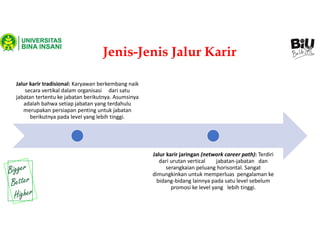 Jenis-Jenis Jalur Karir
Jalur karir tradisional: Karyawan berkembang naik
secara vertikal dalam organisasi dari satu
jabatan tertentu ke jabatan berikutnya. Asumsinya
adalah bahwa setiap jabatan yang terdahulu
merupakan persiapan penting untuk jabatan
berikutnya pada level yang lebih tinggi.
Jalur karir jaringan (network career path): Terdiri
dari urutan vertical jabatan-jabatan dan
serangkaian peluang horisontal. Sangat
dimungkinkan untuk memperluas pengalaman ke
bidang-bidang lainnya pada satu level sebelum
promosi ke level yang lebih tinggi.
 