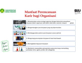 Manfaat Perencanaan
Karir bagi Organisasi
1. Menyelaraskan antara strategi organisasi dengan kebutuhan penyediaan
karyawan dalam organisasi, baik dalam skala lokal, nasional, maupun global.
2. Mengembangkan para karyawan yang siap dipromosikan.
3. Mendayagunakan potensi para karyawan secara optimal.
4. Mengurangi penumpukan karyawan di level-level bawah.
5. Meningkatkan kepuasan karyawan
6. Membantu mewujudkan peluang kerja yang sama tanpa memandang
perbedaan etnis, agama, jender, dan sebagainya.
 