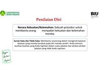 Penilaian Diri
Neraca Kekuatan/Kelemahan: Sebuah prosedur untuk
membantu orang menyadari kekuatan dan kelemahan
mereka.
Survei Suka dan Tidak Suka: Membantu seseorang dalam mengenali batasan-
batasan yang mereka kenakan pada diri mereka sendiri. Anda mencari
kualitas-kualitas yang Anda inginkan dalam suatu jabatan dan atribut-atribut
jabatan yang tidak Anda inginkan.
 