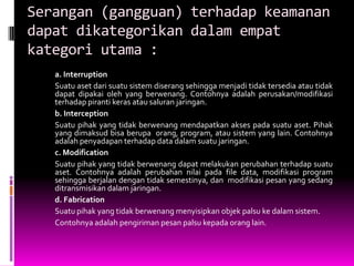 Serangan (gangguan) terhadap keamanan
dapat dikategorikan dalam empat
kategori utama :
   a. Interruption
   Suatu aset dari suatu sistem diserang sehingga menjadi tidak tersedia atau tidak
   dapat dipakai oleh yang berwenang. Contohnya adalah perusakan/modifikasi
   terhadap piranti keras atau saluran jaringan.
   b. Interception
   Suatu pihak yang tidak berwenang mendapatkan akses pada suatu aset. Pihak
   yang dimaksud bisa berupa orang, program, atau sistem yang lain. Contohnya
   adalah penyadapan terhadap data dalam suatu jaringan.
   c. Modification
   Suatu pihak yang tidak berwenang dapat melakukan perubahan terhadap suatu
   aset. Contohnya adalah perubahan nilai pada file data, modifikasi program
   sehingga berjalan dengan tidak semestinya, dan modifikasi pesan yang sedang
   ditransmisikan dalam jaringan.
   d. Fabrication
   Suatu pihak yang tidak berwenang menyisipkan objek palsu ke dalam sistem.
   Contohnya adalah pengiriman pesan palsu kepada orang lain.
 