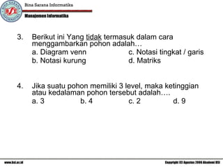 3. Berikut ini Yang  tidak  termasuk dalam cara menggambarkan pohon adalah… a. Diagram venn c. Notasi tingkat / garis b. Notasi kurung d. Matriks  4. Jika suatu pohon memiliki 3 level, maka ketinggian atau kedalaman pohon tersebut adalah…. a. 3    b. 4  c. 2 d. 9 