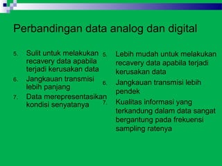 Perbandingan data analog dan digital

5.   Sulit untuk melakukan 5.    Lebih mudah untuk melakukan
     recavery data apabila       recavery data apabila terjadi
     terjadi kerusakan data      kerusakan data
6.   Jangkauan transmisi 6.      Jangkauan transmisi lebih
     lebih panjang
                                 pendek
7.   Data merepresentasikan
     kondisi senyatanya     7.   Kualitas informasi yang
                                 terkandung dalam data sangat
                                 bergantung pada frekuensi
                                 sampling ratenya
 