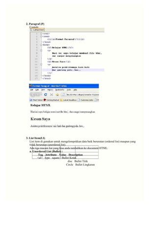 2. Paragraf (P) 
Contoh: 
3. List Item(LI) 
List item di gunakan untuk mengelompokkan data baik berurutan (ordered list) maupun yang 
tidak berurutan (unordered list). 
Ada tiga macam list yang bisa anda tambahkan ke document HTML: 
a. Unordered List (Bullet) : 
Tag Attribute Value Description 
<ul> type square Bullet Kotak 
disc Bullet Titik 
Circle Bullet Lingkaran  