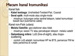 Macam kanal komunikasi
Kanal fisik
  – Kabel tembaga: Unshielded-Twisted-Pair, Coaxial
  – Serat optik: multi-mode atau single-mode
    • misalnya: hubungan antar sentral telepon, kabel komunikasi
      bawah laut (submarine cable)
Kanal non-Fisik (udara)
  – Melalui Satellite: geo-stationer atau tidak
    • misalnya: siaran TV atau percakapan telepon melalui satelit
  – Gelombang mikro: LoS (line-of-sight), atau tropo-
    scattering
    • contoh LoS adalah: komunikasi HP ke BTS, pemancar FM ke
     radio penerima di rumah
 