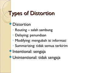 Types of Distortion
Distortion
 ◦   Routing – salah sambung
 ◦   Delaying: penundaan
 ◦   Modifying: mengubah isi informasi
 ◦   Summarizing: tidak semua terkirim
Intentional:
            sengaja
Unintentional: tidak sengaja
 