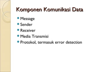 Komponen Komunikasi Data
Message
Sender
Receiver
Media Transmisi
Protokol, termasuk error detection
 