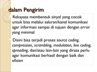 dalam Pengirim
Rekayasa  membentuk sinyal yang cocok
 untuk bisa melalui saluran/kanal komunikasi
 agar informasi sampai di tujuan dengan error
 yang minimal
Disini  bisa terjadi proses source coding,
 compression, scrambling, modulation, line coding,
 spreading, dan/atau lain-lain yang dirasa perlu
 agar komunikasi berhasil dengan baik dan
 efisien
 