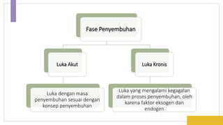Fase Penyembuhan
Luka Akut
Luka dengan masa
penyembuhan sesuai dengan
konsep penyembuhan
Luka Kronis
Luka yang mengalami kegagalan
dalam proses penyembuhan, oleh
karena faktor eksogen dan
endogen
 