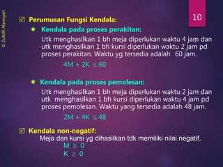 10
 Kendala non-negatif:
Meja dan kursi yg dihasilkan tdk memiliki nilai negatif.
M  0
K  0
 Perumusan Fungsi Kendala:
 Kendala pada proses perakitan:
Utk menghasilkan 1 bh meja diperlukan waktu 4 jam dan
utk menghasilkan 1 bh kursi diperlukan waktu 2 jam pd
proses perakitan. Waktu yg tersedia adalah 60 jam.
4M + 2K  60
 Kendala pada proses pemolesan:
Utk menghasilkan 1 bh meja diperlukan waktu 2 jam dan
utk menghasilkan 1 bh kursi diperlukan waktu 4 jam pd
proses pemolesan. Waktu yang tersedia adalah 48 jam.
2M + 4K  48
©ZulkifliAlamsyah
 