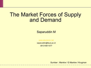 Sumber : Mankiw / G Mankiw / Krugman
The Market Forces of Supply
and Demand
Saparuddin M
www.edunomic.net
saparuddin@feunj.ac.id
081318811577
 