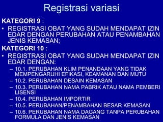 KATEGORI 9 :
• REGISTRASI OBAT YANG SUDAH MENDAPAT IZIN
EDAR DENGAN PERUBAHAN ATAU PENAMBAHAN
JENIS KEMASAN;
KATEGORI 10 :
• REGISTRASI OBAT YANG SUDAH MENDAPAT IZIN
EDAR DENGAN:
– 10.1. PERUBAHAN KLIM PENANDAAN YANG TIDAK
MEMPENGARUHI EFIKASI, KEAMANAN DAN MUTU
– 10.2. PERUBAHAN DESAIN KEMASAN
– 10.3. PERUBAHAN NAMA PABRIK ATAU NAMA PEMBERI
LISENSI
– 10.4. PERUBAHAN IMPORTIR
– 10.5. PERUBAHAN/PENAMBAHAN BESAR KEMASAN
– 10.6. PERUBAHAN NAMA DAGANG TANPA PERUBAHAN
FORMULA DAN JENIS KEMASAN
Registrasi variasi
 