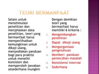Selain untuk
menstimulasi
penelitian dan
menjelaskan data
penelitian, teori yang
bermanfaat harus
memperlihatkan
kemungkinan untuk
dikaji ulang,
menyediakan panduan
bagi para praktisi
untuk meneliti
konsisten dan
memperoleh jawaban
sesederhana mungkin
Dengan demikian
teori yang
bermanfaat harus
memiliki 6 kriteria :
1. Mengembangkan
penelitian
2. Dapat dikaji ulang
3. Mengorganisasi
pengetahuan
4. Memberi panduan
pemecahan masalah
5. Konsistensi internal
6. Sederhana
 