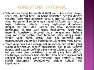  Sebuah teori yang bermanfaat tidak perlu konsisten dengan
teori lain, tetapi teori ini harus konsisten dengan dirinya
sendiri. Teori yang konsisten secara internal adalah teori
yang komponen-kamponennya memiliki kemiripan secara
logis. Batasan terhadap ruang lingkupnya ditentukan
dengan hati-hati dan karena itu tidak memberikan
penjelasan di luar dari ruang lingkupnya. Teori yang
memiliki konsistensi internal juga menggunakan bahasa
yang konsisten; yaitu, teori tersebut tidak menggunakan
istilah yang sama untuk dua hal berbeda atau
menggunakan dua istilah berbeda untuk konsep yang sama
 Teori yang baik akan menggunakan konsep dan istilah yang
sudah didefinisikan secara operasional dan jelas. Definisi
operasional adalah definisi yang menentukan satuan dalam
hal perilaku dan peristiwa teramati yang bisa diukur.
Contohnya, ekstrover bisa didefinisikan secara operasional
sebagai tiap orang yang mencapai skor tertentu, yang
sudah ditetapkan sebelumnya, dalam sebuah tes
kepribadian.
 