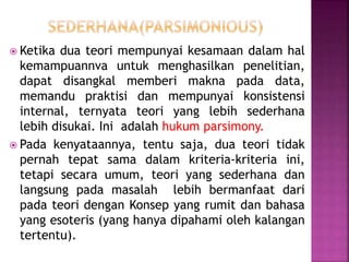  Ketika dua teori mempunyai kesamaan dalam hal
kemampuannva untuk menghasilkan penelitian,
dapat disangkal memberi makna pada data,
memandu praktisi dan mempunyai konsistensi
internal, ternyata teori yang lebih sederhana
lebih disukai. Ini adalah hukum parsimony.
 Pada kenyataannya, tentu saja, dua teori tidak
pernah tepat sama dalam kriteria-kriteria ini,
tetapi secara umum, teori yang sederhana dan
langsung pada masalah lebih bermanfaat dari
pada teori dengan Konsep yang rumit dan bahasa
yang esoteris (yang hanya dipahami oleh kalangan
tertentu).
 