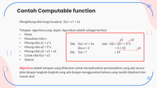 Menghitung nilai fungsi kuadrat, f(x) = x2 + 5x
Tahapan algoritma yang dapat digunakan adalah sebagai berikut:
• Mulai
• Masukkan nilai x
• Hitung nilai a1 = x*x
• Hitung nilai a2 = 5*x
• Hitung nilai a3 = a1 + a2
• Cetak nilai f(x) = a3
• Selesai
Algoritma adalah tahapan yang dilakukan untuk menyelesaikan permasalahan yang ada secara
jelas dengan langkah-langkah yang ada dengan menggunakan bahasa yang mudah dipahami dan
masuk akal.
Contoh Computable function
a1 a2
Dik: f(x) =x2 + 5x Jwb: f(2) = (2)2 + 5*2
jika x = 2 = 4 + 10 a3
Dit: f(x) = ? = 14
 