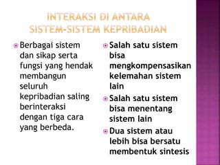  Berbagai sistem
dan sikap serta
fungsi yang hendak
membangun
seluruh
kepribadian saling
berinteraksi
dengan tiga cara
yang berbeda.
 Salah satu sistem
bisa
mengkompensasikan
kelemahan sistem
lain
 Salah satu sistem
bisa menentang
sistem lain
 Dua sistem atau
lebih bisa bersatu
membentuk sintesis
 