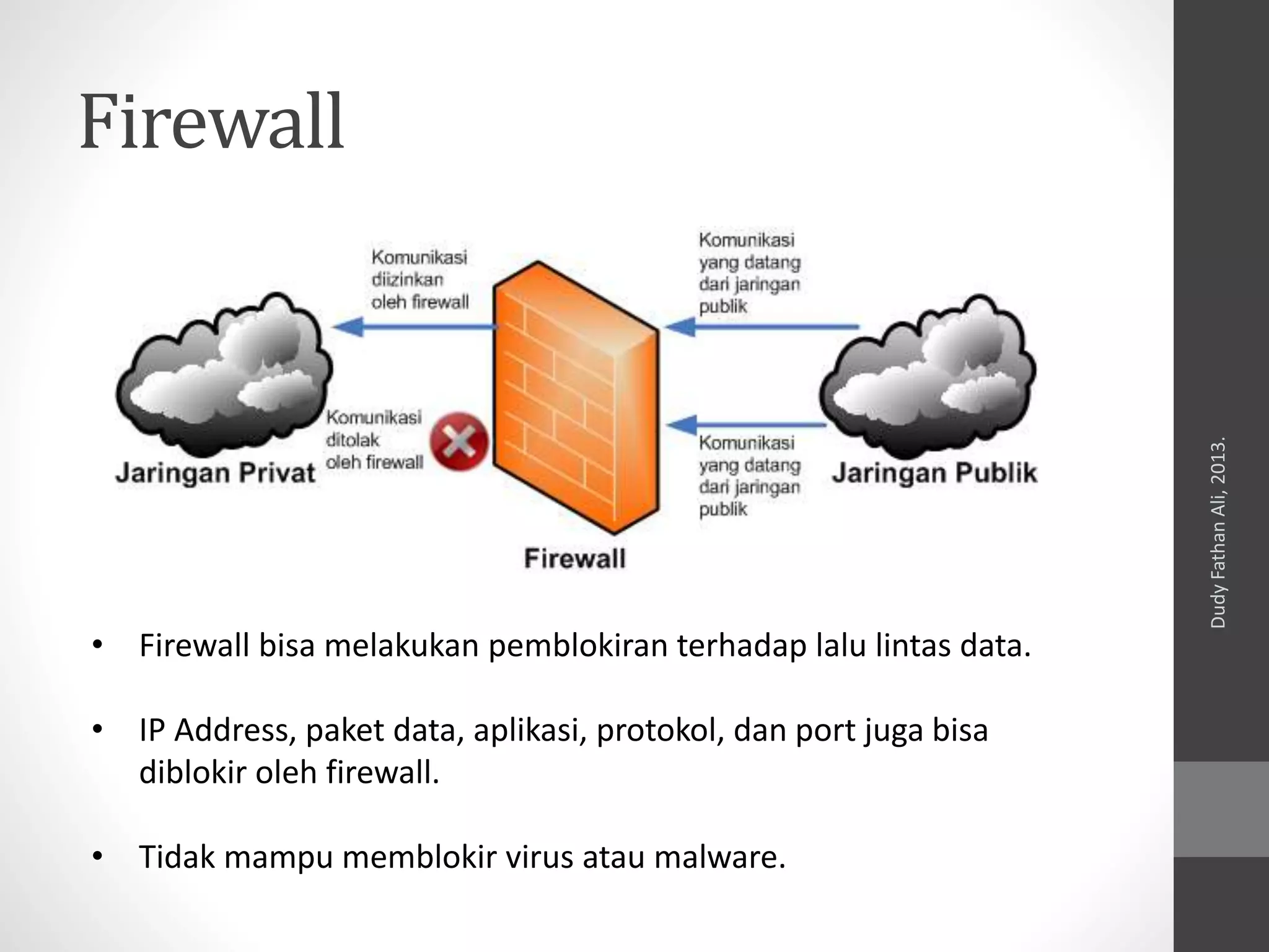 Firewall
• Firewall bisa melakukan pemblokiran terhadap lalu lintas data.
• IP Address, paket data, aplikasi, protokol, dan port juga bisa
diblokir oleh firewall.
• Tidak mampu memblokir virus atau malware.
DudyFathanAli,2013.
 