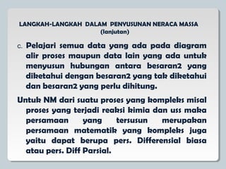 c. Pelajari semua data yang ada pada diagram
alir proses maupun data lain yang ada untuk
menyusun hubungan antara besaran2 yang
diketahui dengan besaran2 yang tak diketahui
dan besaran2 yang perlu dihitung.
Untuk NM dari suatu proses yang kompleks misal
proses yang terjadi reaksi kimia dan uss maka
persamaan yang tersusun merupakan
persamaan matematik yang kompleks juga
yaitu dapat berupa pers. Differensial biasa
atau pers. Diff Parsial.
LANGKAH-LANGKAH DALAM PENYUSUNAN NERACA MASSA
(lanjutan)
 