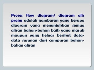 Proses flow diagram/ diagram alir
proses adalah gambaran yang berupa
diagram yang menunjukkan semua
aliran bahan-bahan baik yang masuk
maupun yang keluar berikut data-
data susunan dari campuran bahan-
bahan aliran
 