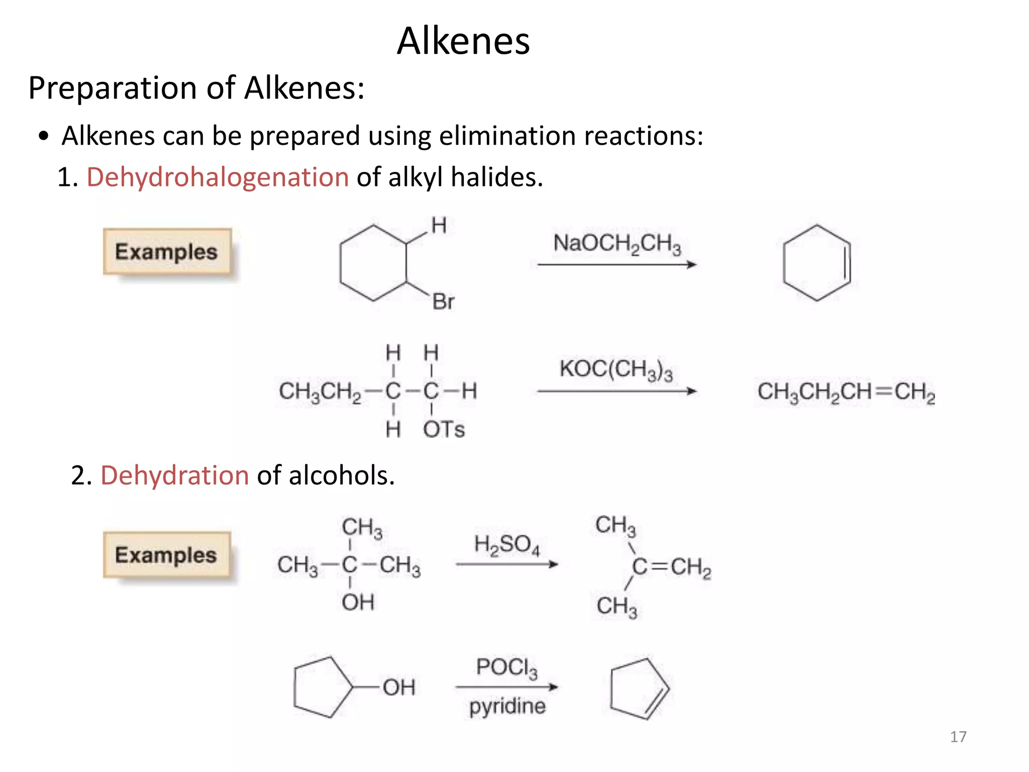 17 
Preparation of Alkenes: 
Alkenes 
• Alkenes can be prepared using elimination reactions: 
1. Dehydrohalogenation of alkyl halides. 
2. Dehydration of alcohols. 
 