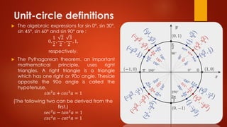 Unit-circle definitions
 The algebraic expressions for sin 0°, sin 30°,
sin 45°, sin 60° and sin 90° are :
0,
1
2
,
2
2
,
3
2
, 1,
respectively.
 The Pythagorean theorem, an important
mathematical principle, uses right
triangles. A right triangle is a triangle
which has one right or 90o angle. Theside
opposite the 90o angle is called the
hypotenuse.
𝑠𝑖𝑛2
𝑎 + 𝑐𝑜𝑠2
𝑎 = 1
(The following two can be derived from the
first.)
𝑠𝑒𝑐2 𝑎 − 𝑡𝑎𝑛2 𝑎 = 1
𝑐𝑠𝑐2 𝑎 − 𝑐𝑜𝑡2 𝑎 = 1
 