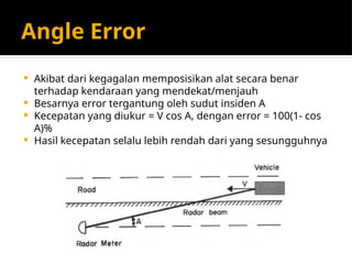 Angle Error
 Akibat dari kegagalan memposisikan alat secara benar
terhadap kendaraan yang mendekat/menjauh
 Besarnya error tergantung oleh sudut insiden A
 Kecepatan yang diukur = V cos A, dengan error = 100(1- cos
A)%
 Hasil kecepatan selalu lebih rendah dari yang sesungguhnya
 