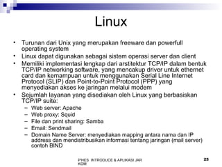 P'HES INTRODUCE & APLIKASI JAR
KOM
25
Linux
• Turunan dari Unix yang merupakan freeware dan powerfull
operating system
• Linux dapat digunakan sebagai sistem operasi server dan client
• Memiliki implementasi lengkap dari arstitektur TCP/IP dalam bentuk
TCP/IP networking software, yang mencakup driver untuk ethernet
card dan kemampuan untuk menggunakan Serial Line Internet
Protocol (SLIP) dan Point-to-Point Protocol (PPP) yang
menyediakan akses ke jaringan melalui modem
• Sejumlah layanan yang disediakan oleh Linux yang berbasiskan
TCP/IP suite:
– Web server: Apache
– Web proxy: Squid
– File dan print sharing: Samba
– Email: Sendmail
– Domain Name Server: menyediakan mapping antara nama dan IP
address dan mendistribusikan informasi tentang jaringan (mail server)
contoh BIND
 