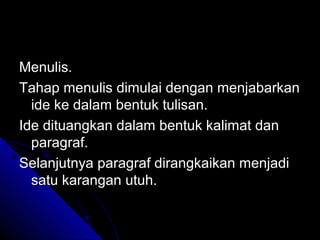 Menulis.
Tahap menulis dimulai dengan menjabarkan
  ide ke dalam bentuk tulisan.
Ide dituangkan dalam bentuk kalimat dan
  paragraf.
Selanjutnya paragraf dirangkaikan menjadi
  satu karangan utuh.
 