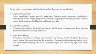 Fungsi Lahan pekarangan memiliki berbagai manfaat, diantaranya sebagai berikut:
1. Fungsi Lumbung Hidup
Untuk menghadapi musim paceklik, pekarangan biasanya dapat membantu penghuninya
menyediakan sumber pangan yang hidup (lumbung hidup) seperti : tanaman palawija, tanaman
pangan dan hortikultura, hasil binatang peliharaan, dan ikan.
2. Fungsi Warung Hidup
Pekarangan menyediakan berbagai jenis tanaman dan binatang peliharaan yang setiap saat siap
dijual untuk kebutuhan keluarga pemiliknya.
3. Fungsi Apotik Hidup
Pekarangan menyediakan berbagai jenis tanaman obat-obatan, misalnya lengkuas, Ketumbar,
kunyit, kencur, jahe, paria, kapulaga dan sebagainya. Tanaman tersebut dapat digunakan untuk
obat-obatan tradisional yang tidak kalah khasiatnya dengan obat-obatan yang diproduksi secara
kimiawi
 