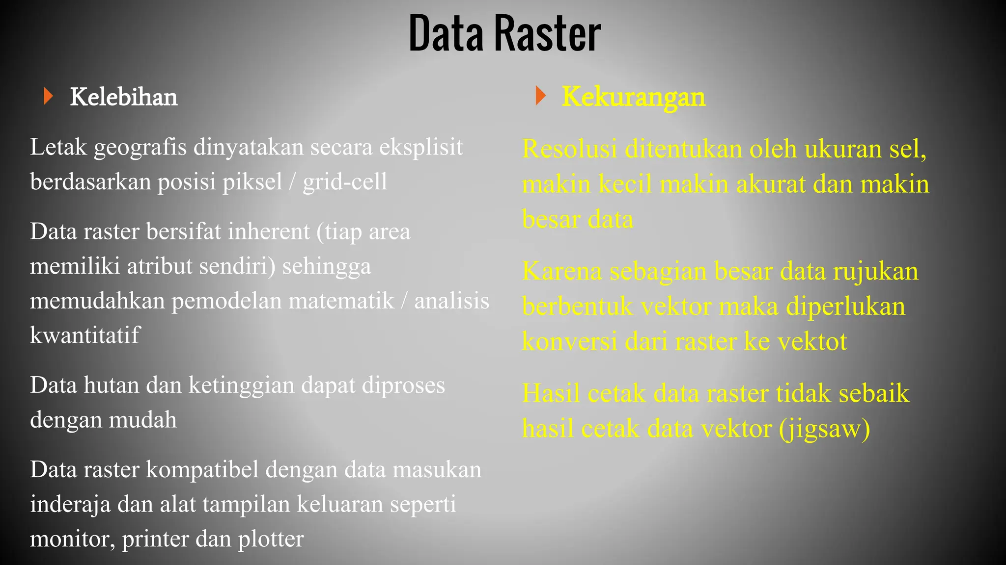  Kelebihan
Letak geografis dinyatakan secara eksplisit
berdasarkan posisi piksel / grid-cell
Data raster bersifat inherent (tiap area
memiliki atribut sendiri) sehingga
memudahkan pemodelan matematik / analisis
kwantitatif
Data hutan dan ketinggian dapat diproses
dengan mudah
Data raster kompatibel dengan data masukan
inderaja dan alat tampilan keluaran seperti
monitor, printer dan plotter
 Kekurangan
Resolusi ditentukan oleh ukuran sel,
makin kecil makin akurat dan makin
besar data
Karena sebagian besar data rujukan
berbentuk vektor maka diperlukan
konversi dari raster ke vektot
Hasil cetak data raster tidak sebaik
hasil cetak data vektor (jigsaw)
Data Raster
 