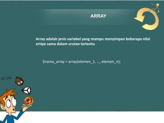 ARRAY

Array adalah jenis variabel yang mampu menyimpan beberapa nilai
ertipe sama dalam urutan tertentu

$nama_array = array(elemen_1, …, elemen_n);

 