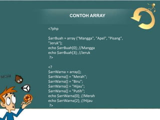 CONTOH ARRAY
<?php
$arrBuah = array ("Mangga", "Apel", "Pisang",
"Jeruk");
echo $arrBuah[0]; //Mangga
echo $arrBuah[3]; //Jeruk
?>

<?
$arrWarna = array();
$arrWarna[] = "Merah";
$arrWarna[] = "Biru";
$arrWarna[] = "Hijau";
$arrWarna[] = "Putih";
echo $arrWarna[0]; //Merah
echo $arrWarna[2]; //Hijau
?>

 