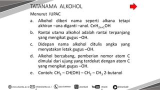 info@uhamka.ac.i
d
www.uhamka.ac.id (021)73944451 uhamkaid Uhamk
a
@UhamkaID
TATANAMA ALKOHOL
Menurut IUPAC
a. Alkohol diberi nama seperti alkana tetapi
akhiran –ana diganti –anol. CnH2n+1OH
b. Rantai utama alkohol adalah rantai terpanjang
yang mengikat gugus –OH.
c. Didepan nama alkohol ditulis angka yang
menyatakan letak gugus –OH.
d. Alkohol bercabang, pemberian nomor atom C
dimulai dari ujung yang terdekat dengan atom C
yang mengikat gugus –OH.
e. Contoh: CH3 – CH(OH) – CH2 – CH3 2-butanol
 