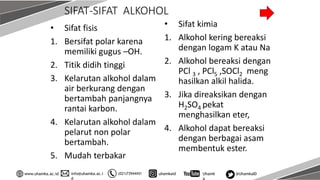 info@uhamka.ac.i
d
www.uhamka.ac.id (021)73944451 uhamkaid Uhamk
a
@UhamkaID
SIFAT-SIFAT ALKOHOL
• Sifat fisis
1. Bersifat polar karena
memiliki gugus –OH.
2. Titik didih tinggi
3. Kelarutan alkohol dalam
air berkurang dengan
bertambah panjangnya
rantai karbon.
4. Kelarutan alkohol dalam
pelarut non polar
bertambah.
5. Mudah terbakar
• Sifat kimia
1. Alkohol kering bereaksi
dengan logam K atau Na
2. Alkohol bereaksi dengan
PCl 3 , PCl5 ,SOCl2 meng
hasilkan alkil halida.
3. Jika direaksikan dengan
H2SO4 pekat
menghasilkan eter,
4. Alkohol dapat bereaksi
dengan berbagai asam
membentuk ester.
 