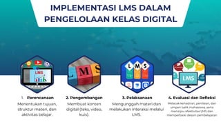 4. Evaluasi dan Refleksi
Melacak kehadiran, penilaian, dan
umpan balik mahasiswa, serta
meninjau efektivitas LMS dan
memperbaiki desain pembelajaran
1. Perencanaan
Menentukan tujuan,
struktur materi, dan
aktivitas belajar.
IMPLEMENTASI LMS DALAM
PENGELOLAAN KELAS DIGITAL
2. Pengembangan 3. Pelaksanaan
Membuat konten
digital (teks, video,
kuis).
Mengunggah materi dan
melakukan interaksi melalui
LMS.
 