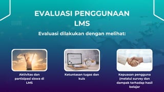 EVALUASI PENGGUNAAN
LMS
Evaluasi dilakukan dengan melihat:
Aktivitas dan
partisipasi siswa di
LMS
Ketuntasan tugas dan
kuis
Kepuasan pengguna
(melalui survey dan
dampak terhadap hasil
belajar
 