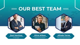 OUR BEST TEAM
Dani Martinez Olivia Wilson Alfredo Torres
IT Manager Software Developer Network Administrator
 