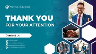 THANK YOU
Arowwai Industries
FOR YOUR ATTENTION
Contact us
+123-456-7890
hello@reallygreatsite.com
www.reallygreatsite.com
123 Anywhere St., Any City
 