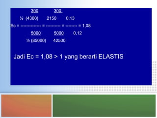 300 300
½ (4300) 2150 0,13
Ec = -------------- = ---------- = -------- = 1,08
5000 5000 0,12
½ (85000) 42500
Jadi Ec = 1,08 > 1 yang berarti ELASTIS
 