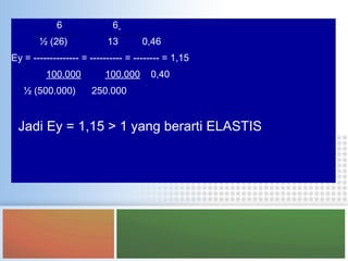 6 6
½ (26) 13 0,46
Ey = -------------- = ---------- = -------- = 1,15
100.000 100.000 0,40
½ (500.000) 250.000
Jadi Ey = 1,15 > 1 yang berarti ELASTIS
 