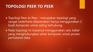 TOPOLOGI PEER TO PEER
 Topologi Peer to Peer - merupakan topologi yang
sangat sederhana dikarenakan hanya menggunakan 2
buah komputer untuk saling terhubung.
 Pada topologi ini biasanya menggunakan satu kabel
yang menghubungkan antar komputer untuk proses
pertukaran data.
 