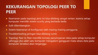 KEKURANGAN TOPOLOGI PEER TO
PEER
 Keamanan pada topologi jenis ini bisa dibilang sangat rentan. karena setiap
komputer memiliki sistem scurity yang berbeda-beda.
 Sulit dikembangkan.
 Sistem keamanan di konfigurasi oleh masing-masing pengguna.
 Troubleshooting jaringan bisa dibilang rumit.
 Topologi Peer to Peer memiliki konsep penyimpanan data pada setiap komputer
sehingga jika salah satu komputer mengalami gangguan maka akses data pada
komputer tersebut akan terganggu
 