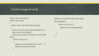 Contoh program larik
System.out.println("data nilai yang
dimasukkan");
for(int i=0;i<5;i++)
System.out.println(nilai[i]);
}
}
import java.util.Scanner;
public class Array1
{
public static void main (String args[])
{
Scanner masuk=new Scanner(System.in);
float nilai[]=new float[5];
System.out.println("masukkan 5 buah data
nilai");
for(int i=0;i<5;i++)
{
System.out.print("Data ke"+(i+1)+": ");
nilai[i]=masuk.nextFloat();
}
 