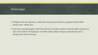 Keterangan
 Dengan larik dua dimensi, maka kita mempunyai elemen yang berindeks tidak
hanya satu, tetapi dua.
 Kita bisa membayangkan larik dua dimensi tersebut seperti sebuah tabel yang berisi
baris dan kolom. Penyebutan sel tabel selalu diikuti dengan penyebutan baris
berapa dan kolom berapa.
 