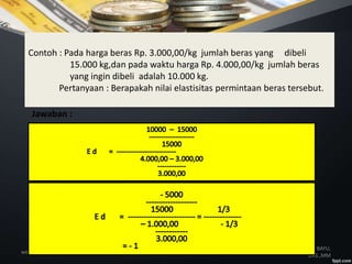 weeK 5 22
DR. H. MUHAMMAD BAYU,
DRS.,MM
Contoh : Pada harga beras Rp. 3.000,00/kg jumlah beras yang dibeli
15.000 kg,dan pada waktu harga Rp. 4.000,00/kg jumlah beras
yang ingin dibeli adalah 10.000 kg.
Pertanyaan : Berapakah nilai elastisitas permintaan beras tersebut.
Jawaban :
 