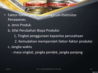 weeK 5 66DR. H. MUHAMMAD BAYU, DRS.,MM
Elastisitas Penawaran
• Faktor-faktor yang mempengaruhi Elastisitas
Penawaran;
a. Jenis Produk.
b. Sifat Perubahan Biaya Produksi
1, Tingkat penggunaan kapasitas perusahaan
2. Kemudahan memperoleh faktor-faktor produksi
c. Jangka waktu
- masa singkat, jangka pendek, jangka panjang
 